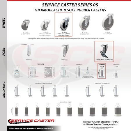 Service Caster 3 Inch Thermoplastic Wheel 1-3/8 Inch Grip Ring Stem Caster with Brakes, 5PK SCC-GR05S310-TPRS-SLB-716138-5